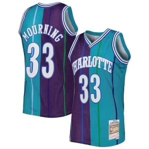Alonzo Mourning Charlotte Hornets Hardwood Classics 1992/93 Split Swingman Jersey Teal/Purple Superbe - Idéal pour les collectionneurs - Qualité premium garantie